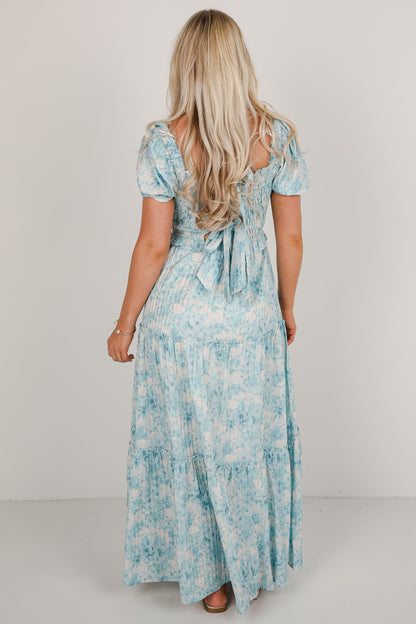 Willing To Help Blue Floral Smocked Maxi Dress