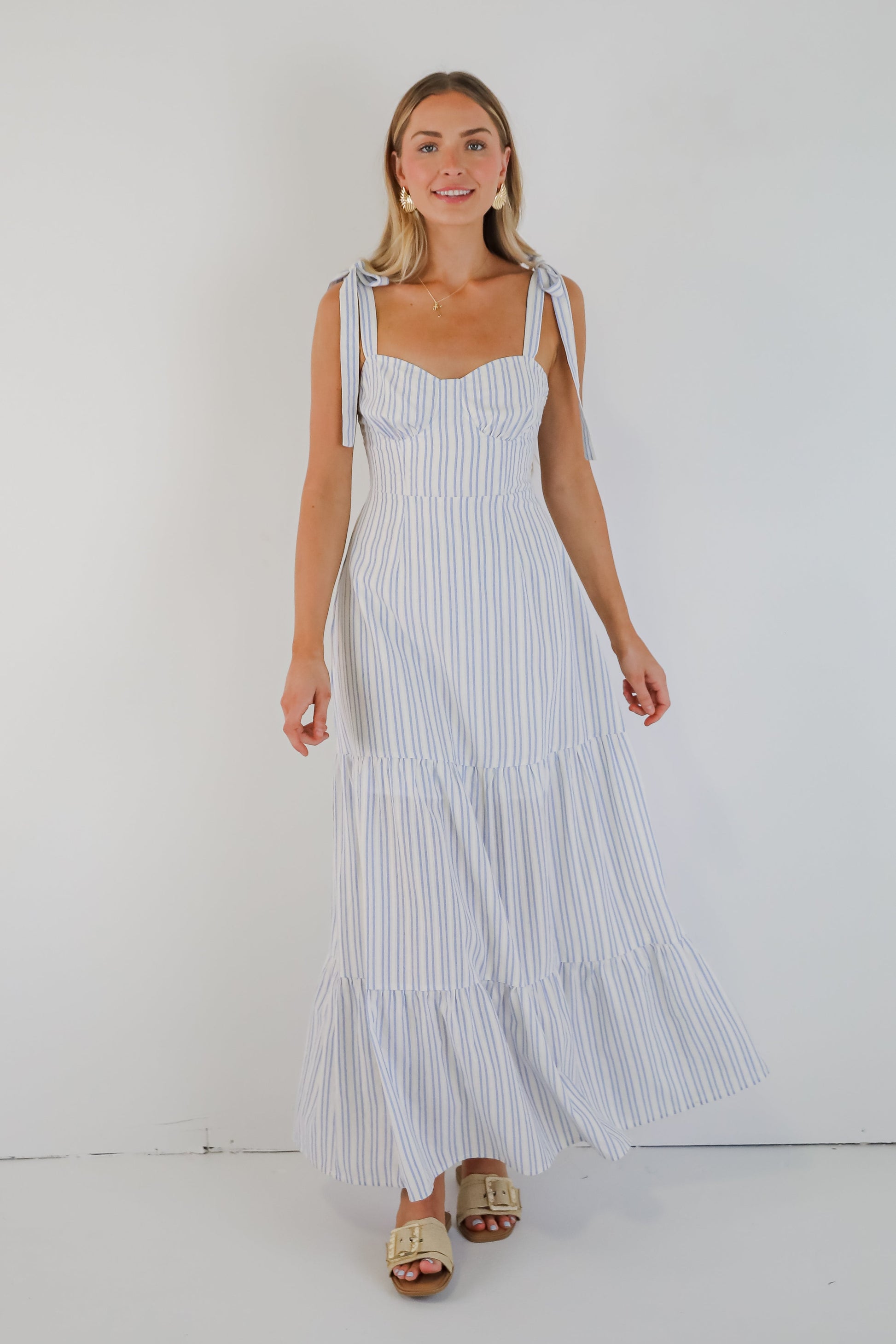 blue and white vertical striped maxi dress White And Blue Striped Maxi Dress With Open Back