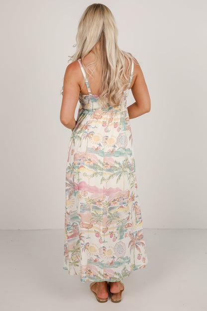 Paradise Awaits Cream Tropical Maxi Dress