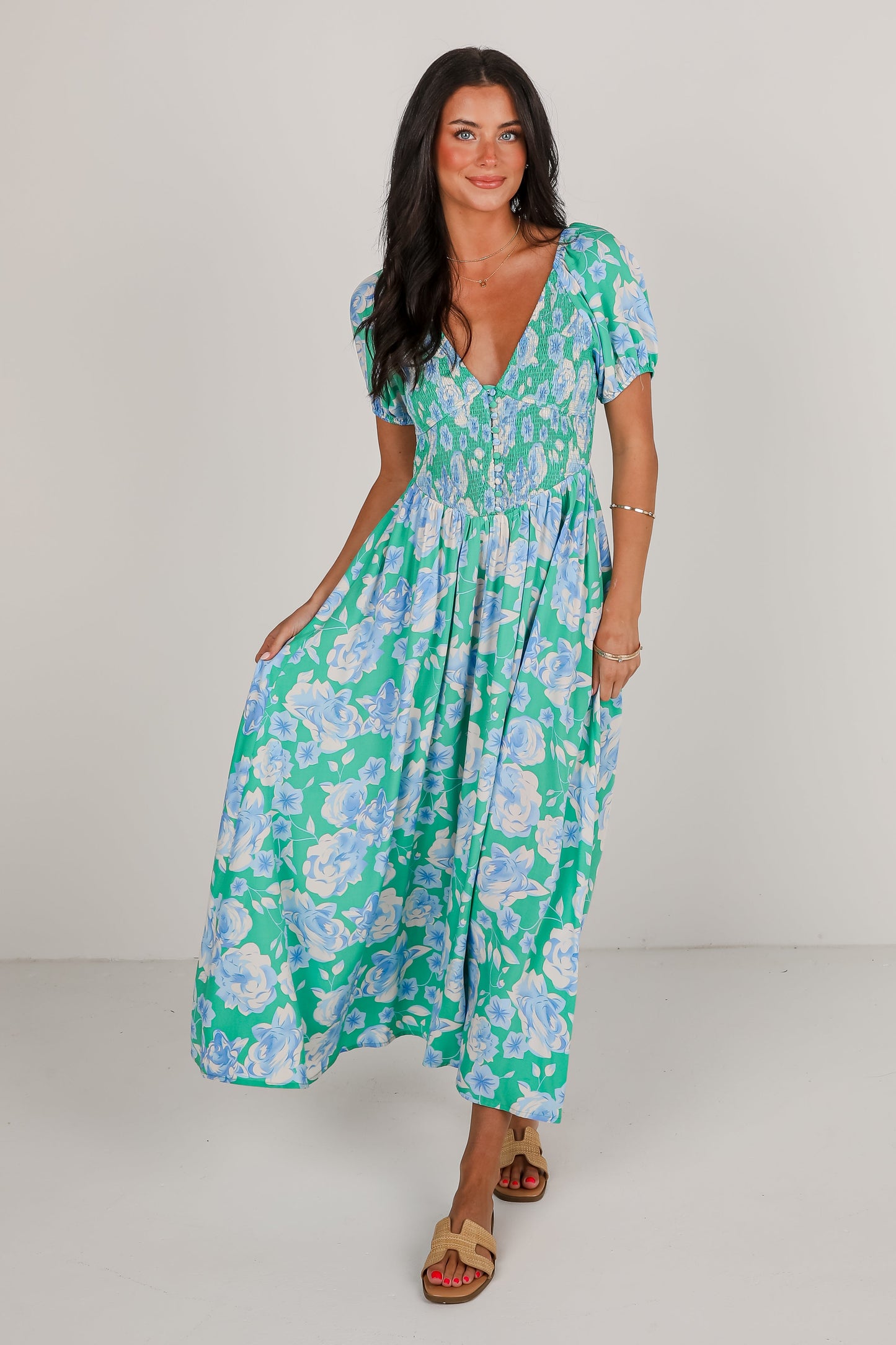 FINAL SALE - Romantic Celebration Green Floral Maxi Dress