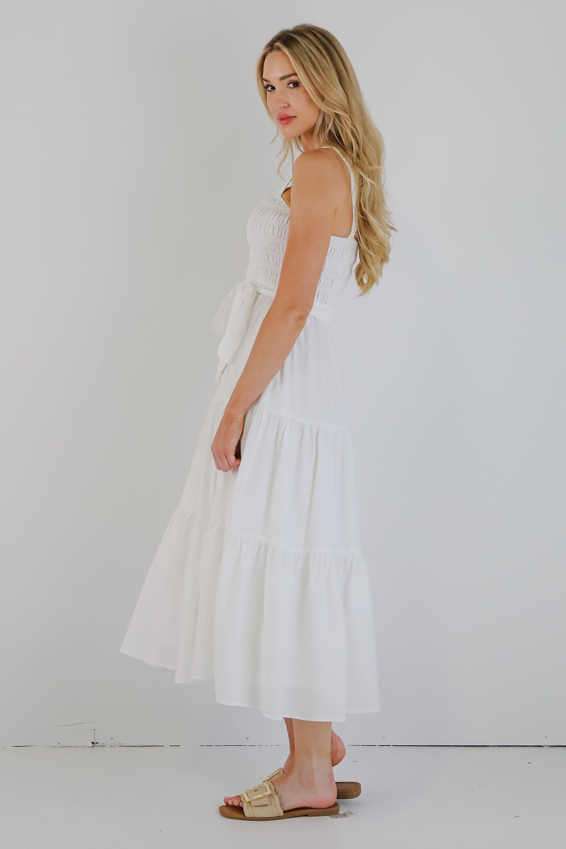 white smocked maxi dress Strong Impressions White Smocked Tiered Maxi Dress – Visseroun